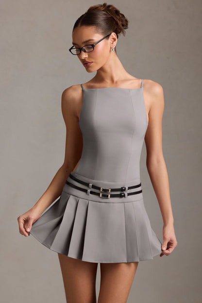 Belted Backless Pleated Mini Dress in Grey
